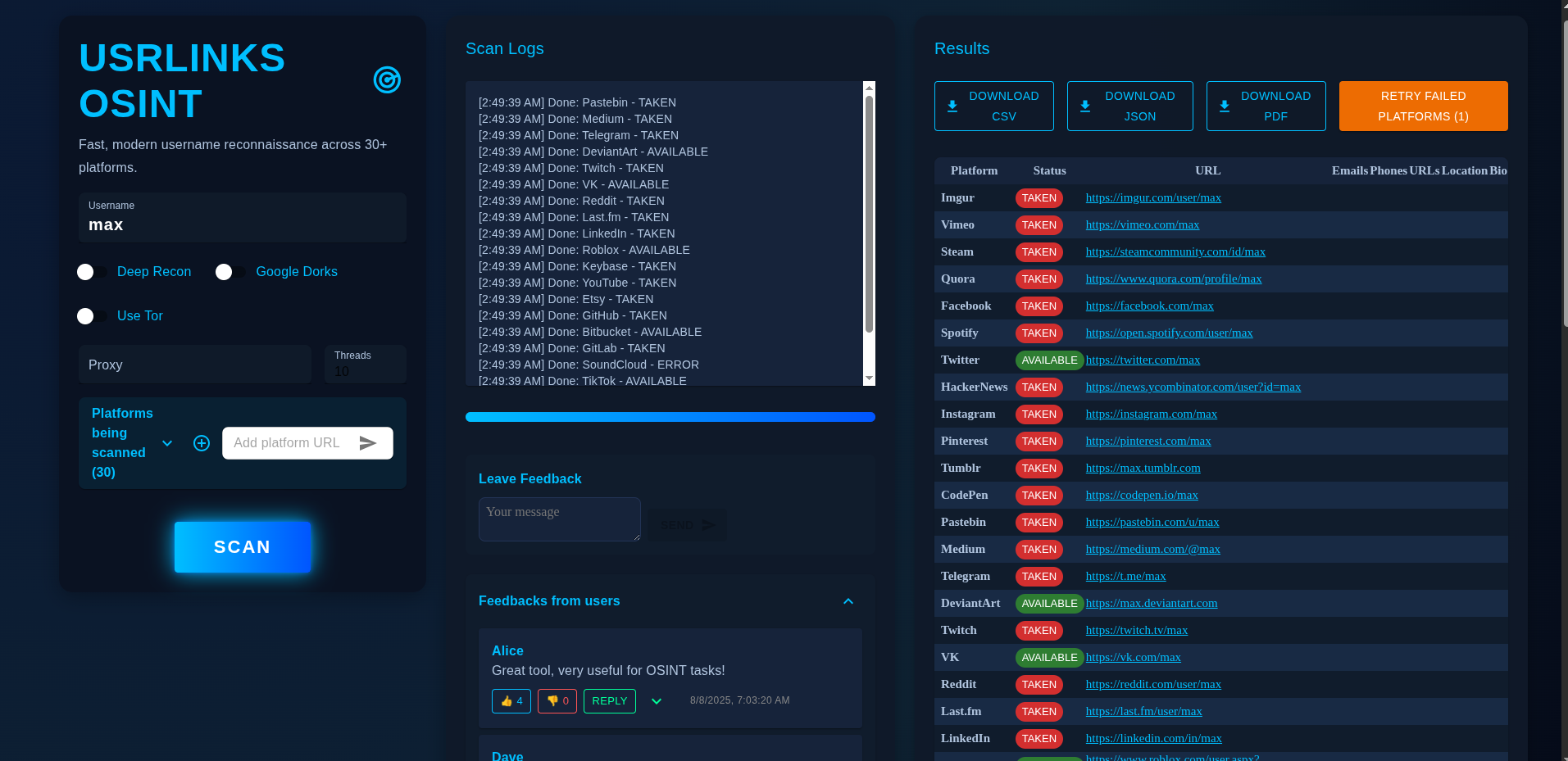 USRLINKS OSINT Username Hunter